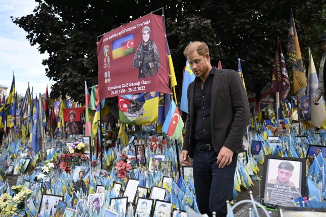 Mandatory Credit: Photo by Emmi Korhonen/Lehtikuva/Shutterstock (15483303f) Britain's Prince Harry, Duke of Sussex visits makeshift memorial for Ukrainian and foreign soldiers at Independence Square Maidan in Kyiv, Ukraine on September 12, 2025. Prince Harry, the Duke of Sussex, made a surprise visit to the Ukrainian capital Kyiv on Friday. Prince Harry, the Duke of Sussex, made a surprise visit to the Ukraine, Kiev - 12 Sep 2025