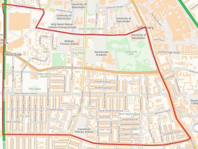 Moss Lane stabbing Section 60 in place until 5:20pm on Tuesday 16 September that allows officers to stop and search people in the area in red.