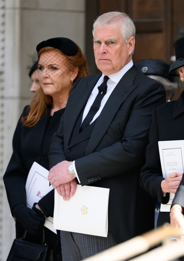Prince Andrew, Duke of York and Sarah Ferguson, Duchess of York attend the funeral of Katharine, Duchess of Kent at Westminster Cathedral on September 16, 2025 in London, England. Katharine, Duchess of Kent was married to Prince Edward, Duke of Kent, the first cousin of Queen Elizabeth II. She died on September 4 at the age of 92 at Kensington Palace surrounded by her family. Having converted to Catholicism in 1994, her funeral takes place at Westminster Cathedral and is the first Catholic funeral to be held for a member of the royal family in modern British history. Her Royal Highness will be laid to rest at the Royal Burial Ground at Frogmore, Windsor. (Photo by Karwai Tang/WireImage)