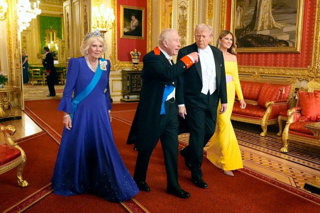 King Charles III and US President Donald Trump arrive with Queen Camilla and First Lady Melania Trump at the state banquet at Windsor Castle, Berkshire, on day one of the president's second state visit to the UK. Picture date: Wednesday September 17, 2025. PA Photo. Photo credit should read: Aaron Chown/PA Wire