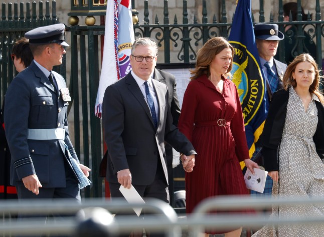 Prime Minister Sir Keir Starmer and his wife, Lady Victoria Starmer exit Westminster Abbey, central London, to watch aircraft from the Battle of Britain Memorial Flight perform a flypast following a service to commemorate the 85th anniversary of the Battle of Britain. Picture date: Sunday September 21, 2025. PA Photo. Photo credit should read: David Parry/PA Wire