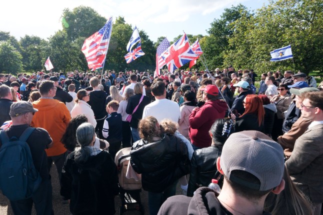 Mandatory Credit: Photo by Matthew Chattle/Shutterstock (15497551d) People attend a Charlie Kirk memorial rally by Turning Point UK in Hyde Park, London. Charlie Kirk memorial rally by Turning Point UK, London, UK. - 21 Sep 2025.