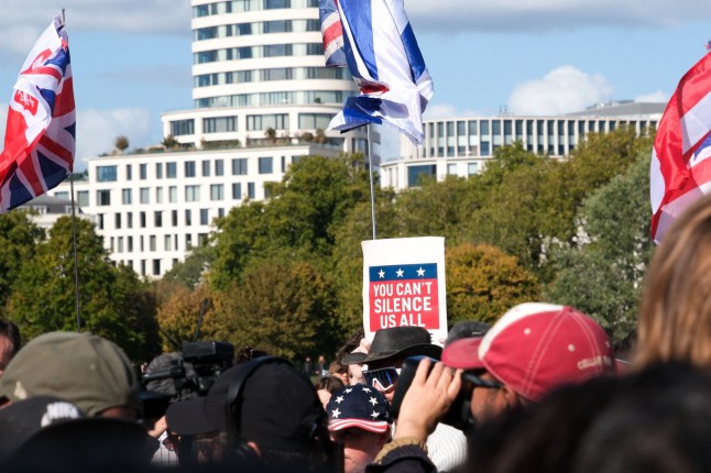 Mandatory Credit: Photo by Matthew Chattle/Shutterstock (15497551h) People attend a Charlie Kirk memorial rally by Turning Point UK in Hyde Park, London. Charlie Kirk memorial rally by Turning Point UK, London, UK. - 21 Sep 2025.