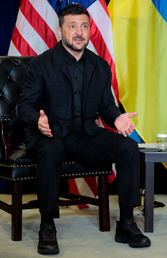 NEW YORK, NEW YORK - SEPTEMBER 23: President of Ukraine Volodymyr Zelensky speaks during a bilateral meeting with U.S. President Donald Trump at the 80th session of the UN???s General Assembly (UNGA) at the United Nations headquarters on September 23, 2025 in New York City. This year???s theme for the annual global meeting is:???Better together: 80 years and more for peace, development and human rights.??? (Photo by Chip Somodevilla/Getty Images)