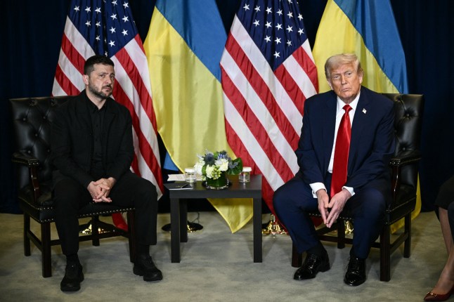 US President Donald Trump holds a bilateral meeting with Ukraine's President Volodymyr Zelensky on the sidelines of the United Nations General Assembly in New York City on September 23, 2025. (Photo by Brendan SMIALOWSKI / AFP) (Photo by BRENDAN SMIALOWSKI/AFP via Getty Images)