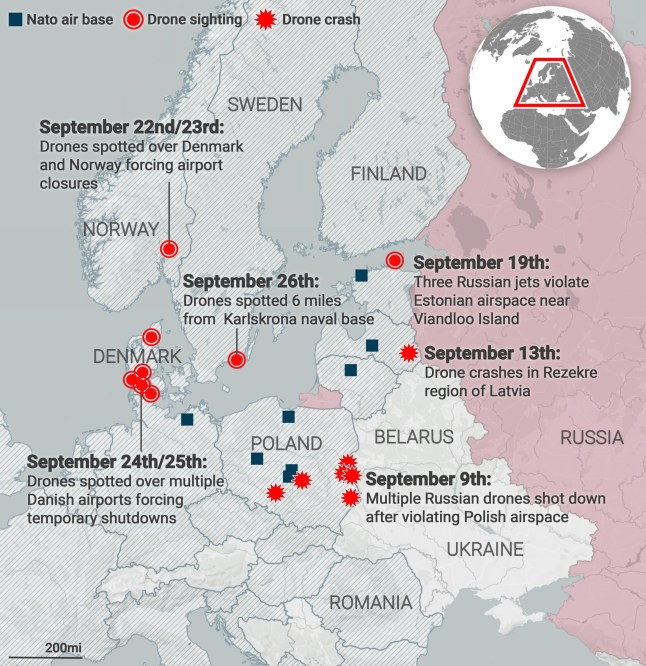 A map of Europe showing recent drone sightings.
