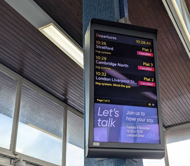 A cancellation board of delays and cancellation at a train station.