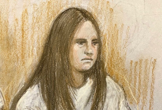 Court artist sketch by Elizabeth Cook of Julia Wandel, also known as Julia Wandelt, appearing at Leicester Magistrates' Court, where she has been charged with stalking the parents and siblings of Madeleine McCann by turning up at the family home, leaving voicemails and sending messages. Picture date: Friday February 21, 2025. PA Photo. See PA story COURTS Wandel. Photo credit should read: Elizabeth Cook/PA Wire