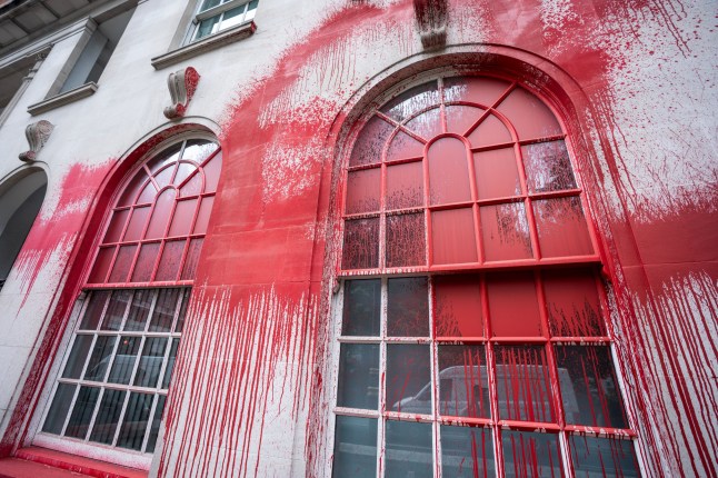 Mandatory Credit: Photo by Lab Ky Mo/SOPA Images/Shutterstock (15371727c) The windows of headquarters of INVESCO seen splattered with red paint by Palestine Action. Palestine Action attacked the headquarters of of INVESCO in its ongoing campaign targeting companies involved with the arming of Israel. The campaign group is due to be proscribed by the UK government for its arson and vandalism activities. Palestine Action attacks INVESCO Headquaters in London, UK - 24 Jun 2025