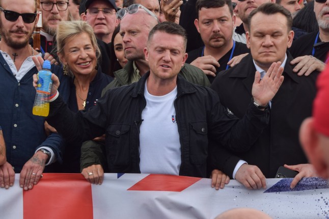 Mandatory Credit: Photo by Vuk Valcic/SOPA Images/Shutterstock (15485185c) Far-right figure Tommy Robinson (c), whose real name is Stephen Yaxley-Lennon, takes part in the 'Unite The Kingdom' march in Westminster. Right-wing protesters marched to Westminster and staged a rally against immigration and the government outside Downing Street, organised by far-right activist Tommy Robinson, whose real name is Stephen Yaxley-Lennon. Unite The Kingdom Far Right March in London, UK - 13 Sep 2025