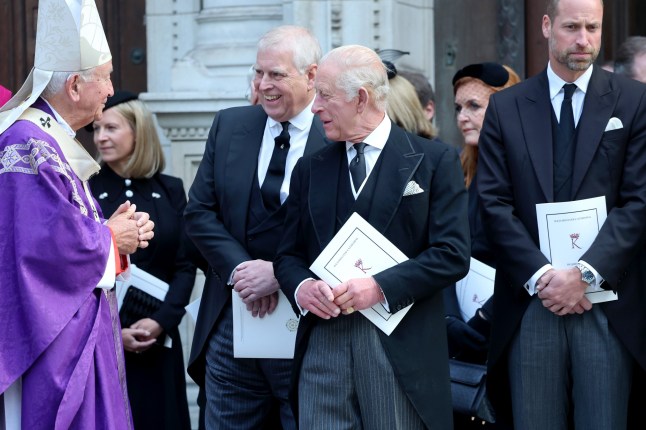 LONDON, ENGLAND - SEPTEMBER 16: Prince Andrew, Duke of York, King Charles III and Prince William, Prince of Wales attend the Funeral of the Duchess of Kent at Westminster Cathedral on September 16, 2025 in London, England. Katharine, Duchess of Kent was married to Prince Edward, Duke of Kent, the first cousin of Queen Elizabeth II. She died on September 4 at the age of 92 at Kensington Palace surrounded by her family. Having converted to Catholicism in 1994, her funeral takes place at Westminster Cathedral and is the first Catholic funeral to be held for a member of the royal family in modern British history. Her Royal Highness will be laid to rest at the Royal Burial Ground at Frogmore, Windsor. (Photo by Chris Jackson/Getty Images)