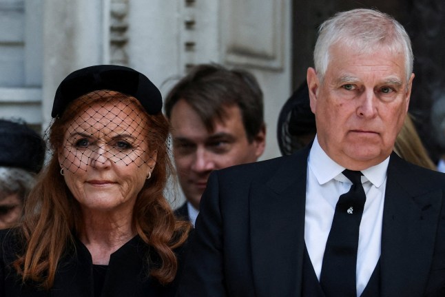 FILE PHOTO: Britain's Prince Andrew and his former wife Sarah Ferguson, Duchess of York, leave Westminster Cathedral at the end of the Requiem Mass, on the day of the funeral of Britain's Katharine, Duchess of Kent, in London, Britain, September 16, 2025. REUTERS/Toby Melville/File Photo