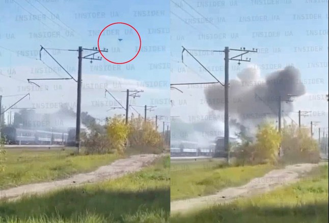 Composite image of a red circle highlighting a drone in the sky (left) and the aftermath of the drone hit with smoke filling the air (right)
