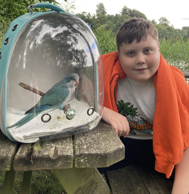 Kenny with his parakeet. // A young lad was taken to hospital and diagnosed with lung disease - caused by his family's parrots. Kenny Kajan, 13, grew up with four birds - two cockatiels and two parakeets - and wanted to be a breeder and a biologist when he grew up. But now he can't even be near birds in public or use a feather pillow - after his pet birds put him in hospital. His mum Iveta Kajanova, who lives in Leith in Scotland, with her husband and three sons, grew up surrounded by birds her entire. Photo released 05/10/2025