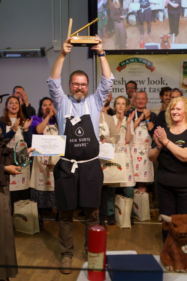 Winner Sven Seljom from Mandal in Norway, who made his porridge from Norwegian Black Oats. 2025 World Porridge Making Championship held in Carrbridge in the Scottish Highlands. (Picture: Michael Harley)