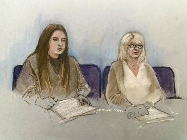 Court artist sketch by Elizabeth Cook of Julia Wandelt (left) and Karen Spragg at Leicester Crown Court