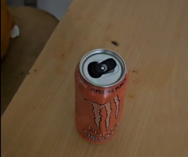 A soft drink can with a cockroach next to it on a table