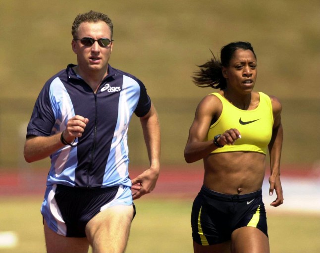 11 Sep 2000: Diane Modahl of Great Britain with her husband and coach Vicente Modahl on the track during the team's training session at Griffith University on the Gold Coast of Australia. Mandatory Credit: Ross Kinnaird/ALLSPORT