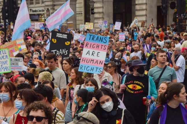 LONDON, UNITED KINGDOM - 2025/07/26: A participant holds a 'Trans Rights Are Human Rights' placard during London Trans Pride 2025 in Piccadilly Circus. Thousands of people marched through Central London at the annual event in support of transgender rights. (Photo by Vuk Valcic/SOPA Images/LightRocket via Getty Images)