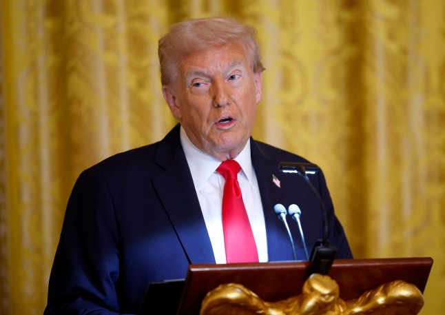 President Donald Trump delivers remarks during a ballroom fundraising dinner in the East Room of the White House on October 15, 2025 in Washington DC