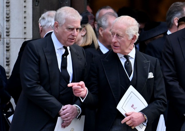 Prince Andrew (left) with King Charles (right) dressed in a black suit and tie for the Duke of Kent's funeral