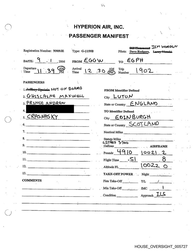 Undated handout photo issued by the House Oversight Committee of flight records showing Prince Andrew confirmed as a passenger on Jeffrey Epstein's private jet. Prince Andrew has announced he will stop using all of his titles and honours, including the Duke of York, in a statement released by Buckingham Palace. Issue date: Friday October 17, 2025. PA Photo. Photo credit should read: House Oversight Committee/PA Wire