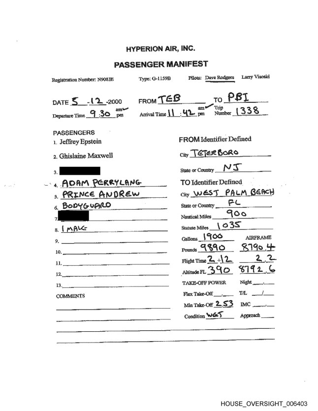 Undated handout photo issued by the House Oversight Committee of flight records showing Prince Andrew confirmed as a passenger on Jeffrey Epstein's private jet. Prince Andrew has announced he will stop using all of his titles and honours, including the Duke of York, in a statement released by Buckingham Palace. Issue date: Friday October 17, 2025. PA Photo. Photo credit should read: House Oversight Committee/PA Wire