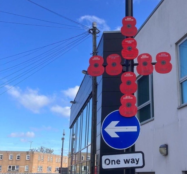 Poppies up around the town of Hoyland, Barnsley, Yorkshire. A heartbroken community group have axed their remembrance day poppy displays after the council tightened their rules due to flags.The Hoyland Remembrance and Parade Group (HRPG) in Barnsley, South Yorks., have said new requirements issued by the Barnsley council mean they can no longer hang poppies on landposts.For the past three years the group have placed 350 wooden poppies - each bearing a fallen soldier's name - along the town?s remembrance parade route in preparation for Armistice Day.But under the Highways Act updated safety rules for lamppost decorations mean they can no longer install the the red remembrance flowers. Photo released 19/10/2025