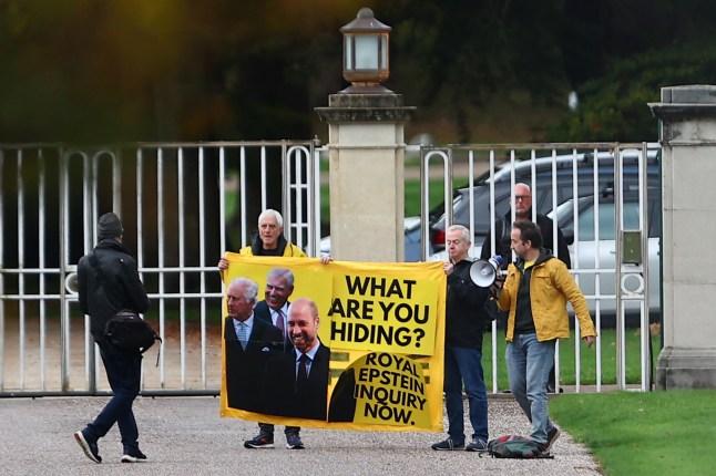 WINDSOR, ENGLAND - OCTOBER 21: Activists from the anti-monarchy group Republic, stage a protest at the gates to royal lodge where Prince Andrew lives on October 21, 2025 in Windsor, England. In a statement Prince Andrew confirmed that he will no longer use his royal titles or honours following continued accusations relating to his links to Jeffrey Epstein. (Photo by Peter Nicholls/Getty Images)