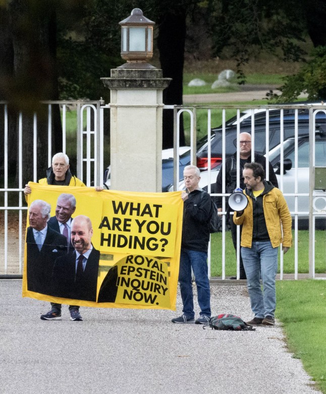 Mandatory Credit: Photo by Invicta Kent Media/Shutterstock (15558833g) Protesters outside Royal Lodge Today Police Arrive at the Entrance too prince Andrews house Royal Lodge today after receiving a tip that a demo might take place by NOT MY KING Protesters outside the Royal Lodge, Windsor, UK - 21 Oct 2025