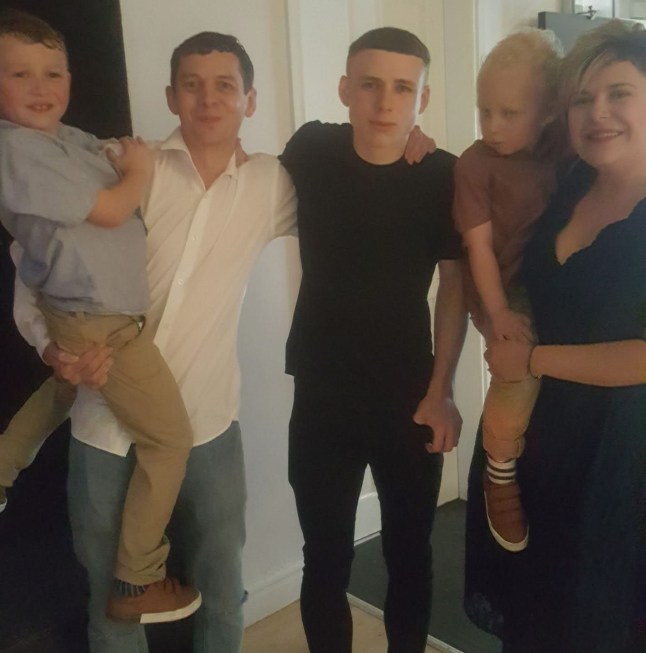 Oliver Gorman 12 who died in a 'TikTok challenge' tragedy at his home in Tameside. left to right is brother William, dad Daniel, brother Luke, Oliver and mum Clare.