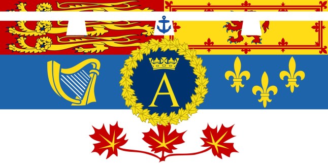 Top view of flag of Royal Standard of Prince Andrew, Duke of York, Canada. Canadian patriot and travel concept. no flagpole. Plane design, layout. Flag background; Shutterstock ID 2110277786; purchase_order: -; job: -; client: -; other: