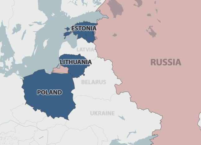 A map of eastern Europe highlighting Russia in red on the right and Estonia, Lithuania and Poland highlighted in blue to show how Russian jets have entered Nato airspace