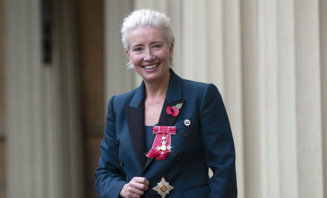 LONDON, ENGLAND - NOVEMBER 7: Actress Emma Thompson leaves Buckingham Palace after receiving her damehood at an Investiture ceremony on November 7, 2018 in London, England. Ms Thompson, 59, received the accolade in recognition of her services to drama. (Photo by Steve Parsons - WPA Pool/Getty Images)