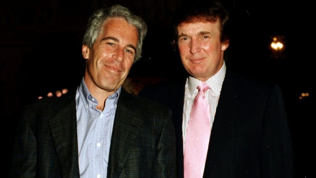 Portrait of American financier Jeffrey Epstein (left) and real estate developer Donald Trump as they pose together at the Mar-a-Lago estate, Palm Beach, Florida, 1997. (Photo by Davidoff Studios/Getty Images)