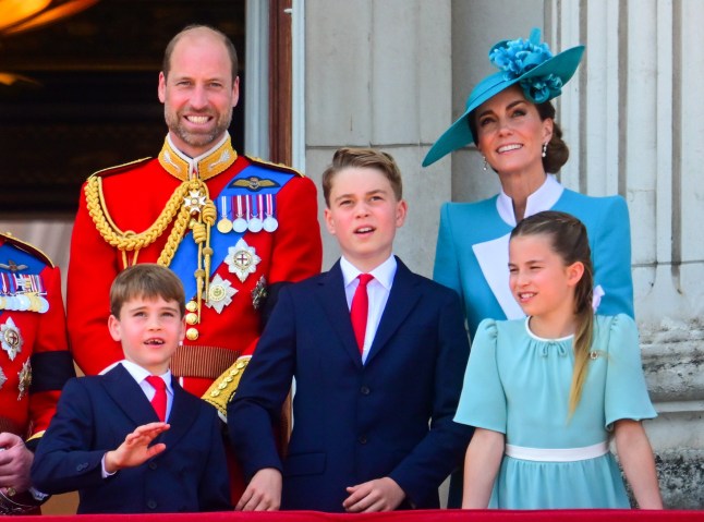 Mandatory Credit: Photo by Victoria Jones/Shutterstock (15352166ew) Prince Louis, Prince William, Prince George, Princess Charlotte and Catherine Princess of Wales Trooping the Colour, London, UK - 14 Jun 2025