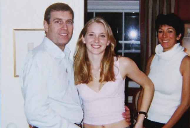 An undated handout photo taken at an undisclosed location and released on August 9, 2021 by the United States District County for the Southern District of New York shows (L-R) Prince Andrew, Virginia Giuffre, and Ghislaine Maxwell posing for a photo.