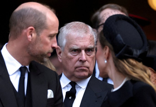 FILE PHOTO: Britain's Prince Andrew stands next to Prince William and his wife Catherine, Princess of Wales, as they leave Westminster Cathedral at the end of the Requiem Mass, on the day of the funeral of Britain's Katharine, Duchess of Kent, in London, Britain, September 16, 2025. REUTERS/Toby Melville/File Photo
