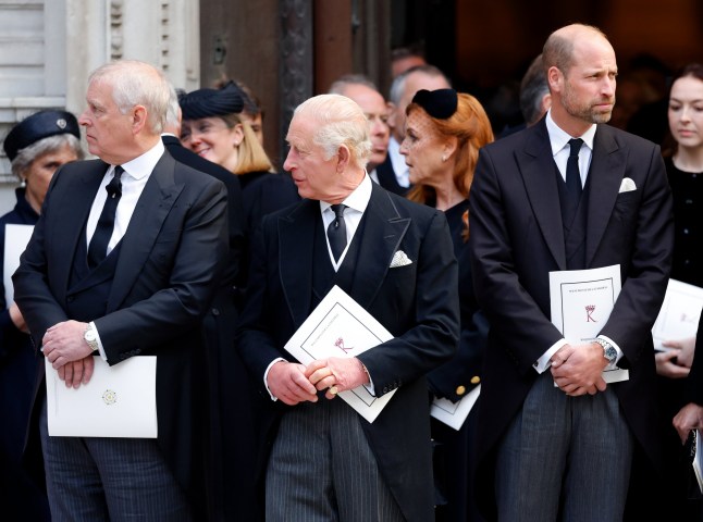 Andrew standing next to King Charles and Prince William at the funeral of the Duchess of Kent in September