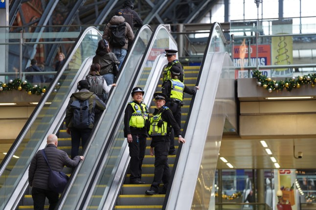 British Transport Police at St Pancras International station, London. Transport Secretary Heidi Alexander said there would be an increased police presence at stations after a number of people were stabbed on a train on Saturday in Cambridgeshire. Picture date: Monday November 3, 2025. PA Photo. Photo credit should read: Yui Mok/PA Wire