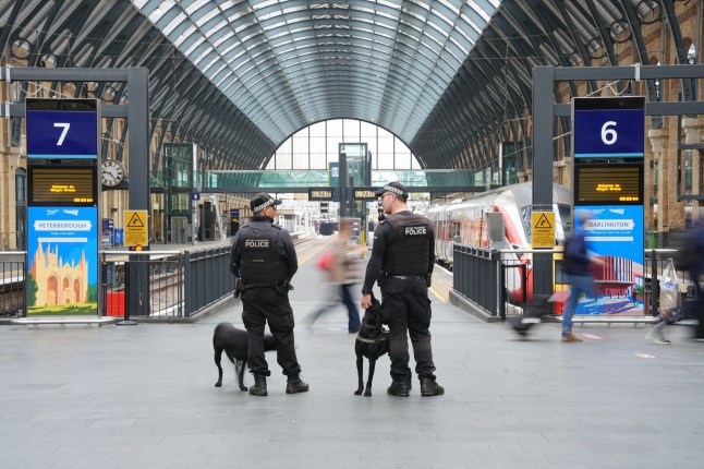 Police officers at London King's Cross station. Transport Secretary Heidi Alexander said there would be an increased police presence at stations after a number of people were stabbed on a train on Saturday in Cambridgeshire. Picture date: Monday November 3, 2025. PA Photo. Anthony Williams has been charged with 10 counts of attempted murder, one count of actual bodily harm and one count of possession of bladed article following a knife attack on a train in Cambridgeshire. Photo credit should read: Yui Mok/PA Wire