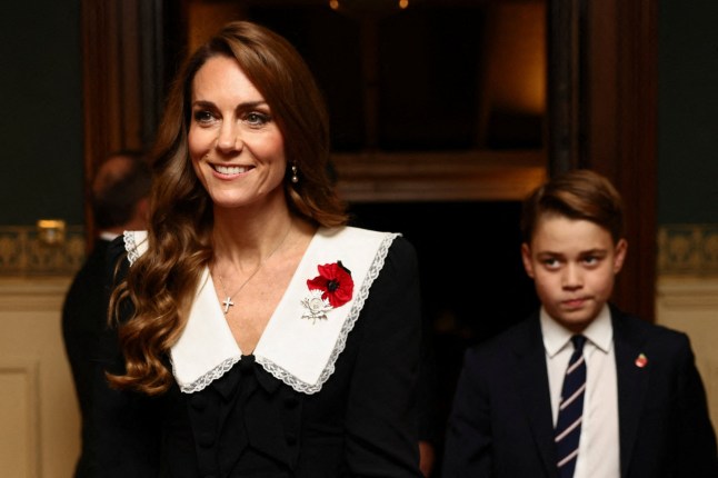 Britain's Catherine, Princess of Wales (L) and Britain's Prince George of Wales (R) arrive to attend The Royal British Legion Festival of Remembrance event at the Royal Albert Hall, in London, on November 8, 2025 ahead of Remembrance Day commemorations. (Photo by Jack Taylor / POOL / AFP) (Photo by JACK TAYLOR/POOL/AFP via Getty Images)