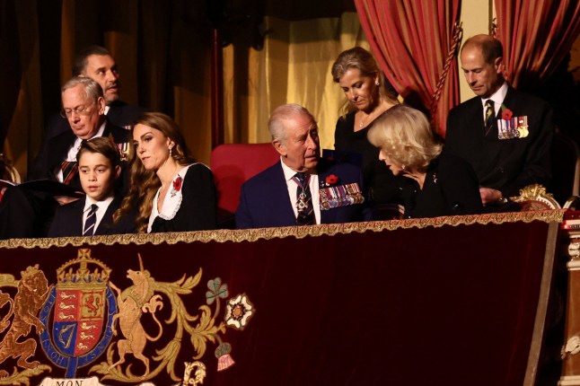 Britain's King Charles, Queen Camilla, Prince George, Catherine, Princess of Wales, Prince Edward, Duke of Edinburgh, Sophie, Duchess of Edinburgh, and Prince Richard, Duke of Gloucester, attend the Royal British Legion Festival of Remembrance, an annual event honouring military service members, which holds special significance in 2025 as it marks the 80th anniversary of the end of World War Two, at the Royal Albert Hall in London, Britain, November 8, 2025. REUTERS/Jack Taylor/Pool