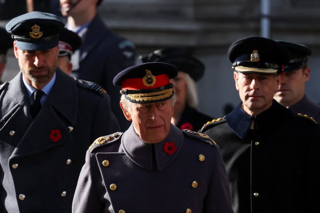 Britain's King Charles III (C) and Britain's Prince William, Prince of Wales (L) and Britain's Prince Edward, Duke of Edinburgh (R) attend the Remembrance Sunday ceremony at the Cenotaph on Whitehall in central London on November 9, 2025.
