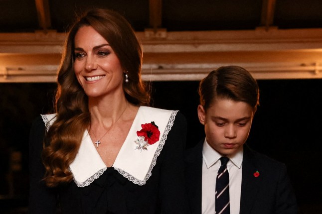 Britain's Catherine, Princess of Wales (L) and Britain's Prince George of Wales (R) arrive to attend The Royal British Legion Festival of Remembrance event at the Royal Albert Hall, in London, on November 8, 2025 ahead of Remembrance Day commemorations. (Photo by Jack Taylor / POOL / AFP) (Photo by JACK TAYLOR/POOL/AFP via Getty Images)