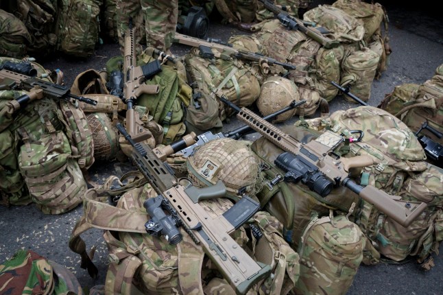 Equipment and kit including Heckler and Koch SA80 weapons belonging to members of 4 Para of the Parachute Regiment Reserves