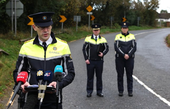 Superintendent Charlie Armstrong speaking to the media near the scene on the L3168 just outside Dundalk, Co Louth, where five people have died following a road traffic collision involving two vehicles, a Volkswagen Golf and a Toyota Land Cruiser, just after 9pm on Saturday. Picture date: Sunday November 16, 2025. PA Photo. Photo credit should read: Damien Eagers/PA Wire