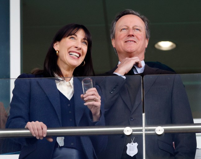 CHELTENHAM, UNITED KINGDOM - MARCH 14: (EMBARGOED FOR PUBLICATION IN UK NEWSPAPERS UNTIL 24 HOURS AFTER CREATE DATE AND TIME) Samantha Cameron and former British Prime Minister Lord David Cameron watch the racing as they attend day 4 'Gold Cup Day' of the Cheltenham Festival at Cheltenham Racecourse on March 14, 2025 in London, England. (Photo by Max Mumby/Indigo/Getty Images)