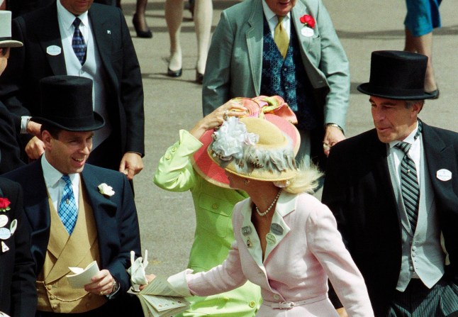 Mandatory Credit: Photo by ROO/Shutterstock (322790m) [L-R] Unknown man with black top hat, Prince Andrew, Ghislaine Maxwell (in green dress), unknown lady (in pink dress) and Jeffrey Epstein (black top hat) Ladies Day, Royal Ascot, Ascot Racecourse, Berkshire, UK - 22 June 2000
