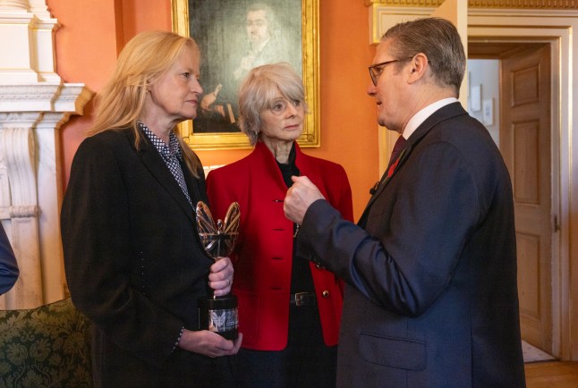Keir Starmer talking to Diana Parkes and Hetti Barkworth-Nanton winners of the Special Recognition Award Pride of Britain Awards Winners 2024 meet Prime Minister Keir Starmer in Downing Street.